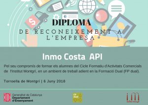 Diploma empreses InmoCosta Generalitat de Catalunya Ensenyament Ajuntament Torroella de MOntgri e Institut Torroella